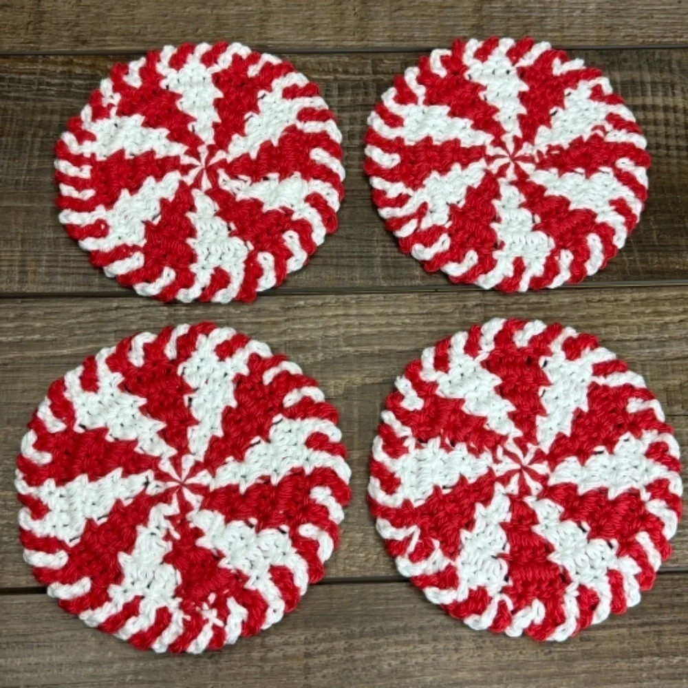 Handcrafted Crochet Peppermint Coasters Christmas Holiday‎ Set of 4 Cotton